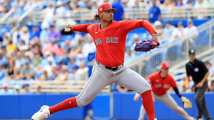 Mar 2, 2026; Dunedin, Florida, USA; Boston Red Sox starting pitcher Johan Oviedo (29) throws a pitch during the first inning against the Toronto Blue Jays at TD Ballpark. Mandatory Credit: Kim Klement Neitzel-Imagn Images
Mar 2, 2026; Dunedin, Florida, USA; Boston Red Sox starting pitcher Johan Oviedo (29) throws a pitch during the first inning against the Toronto Blue Jays at TD Ballpark. Mandatory Credit: Kim Klement Neitzel-Imagn Images