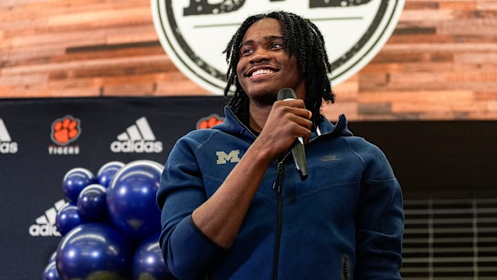 Michigan football signee Bryce Underwood speaks during national signing day at Belleville High School in Belleville on Wednesday, Dec. 4, 2024.