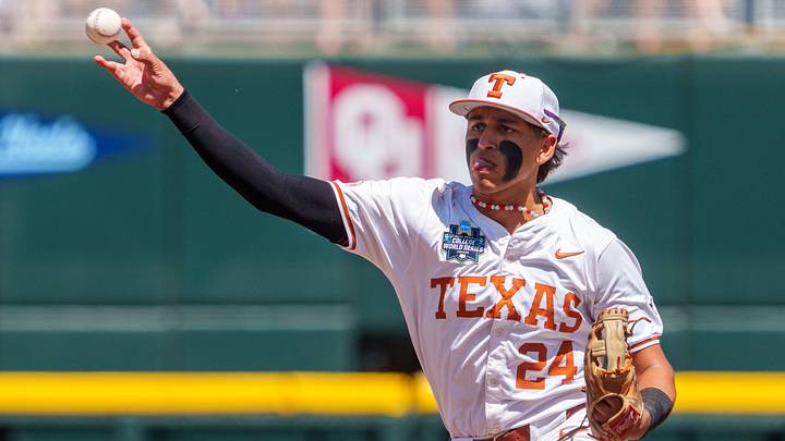 Texas Longhorns shortstop Adrian Rodriguez throws to first against the Alabama Crimson Tide in the Men's College World Series. Texas Longhorns shortstop Adrian Rodriguez throws to first against the Alabama Crimson Tide in the Men's College World Series.