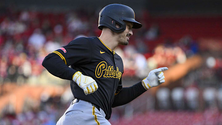 May 5, 2025; St. Louis, Missouri, USA;  Pittsburgh Pirates right fielder Bryan Reynolds (10) reacts after hitting a two run home run against the St. Louis Cardinals during the first inning at Busch Stadium. Mandatory Credit: Jeff Curry-Imagn Images