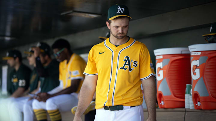 May 25, 2025; West Sacramento, California, USA; Athletics starting pitcher Gunnar Hoglund (53) waits while his team bats against the Philadelphia Phillies during the second inning at Sutter Health Park. Mandatory Credit: D. Ross Cameron-Imagn Images May 25, 2025; West Sacramento, California, USA; Athletics starting pitcher Gunnar Hoglund (53) waits while his team bats against the Philadelphia Phillies during the second inning at Sutter Health Park. Mandatory Credit: D. Ross Cameron-Imagn Images