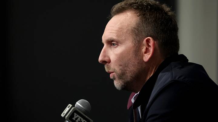 Nov 9, 2022; Brooklyn, New York, USA; Brooklyn Nets general manager Sean Marks speaks during a press conference before a game against the New York Knicks at Barclays Center. Mandatory Credit: Brad Penner-Imagn Images