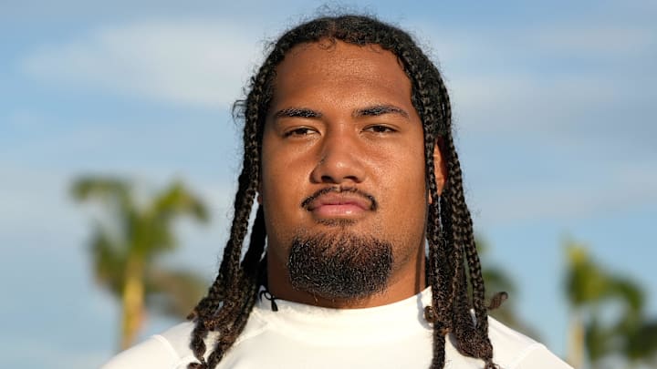 (#44) Keenyi Pepe, OL, 6'7, 330 pounds, for the white team, Class of 2026, during IMG's Academy Pro Day held at IMG's football field in Bradenton, FL on Thursday, Feb, 27, 2025.