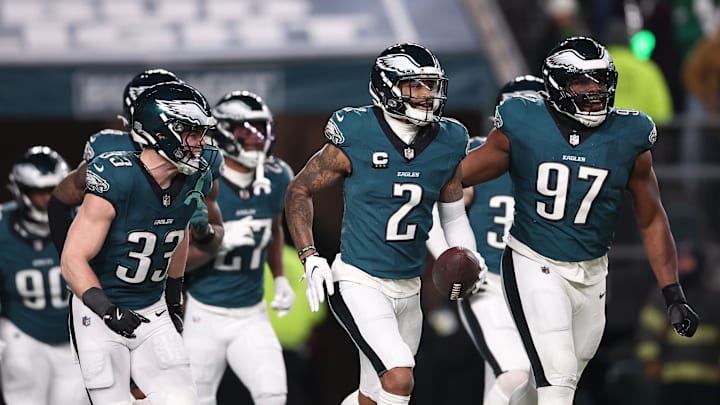 Jan 12, 2025; Philadelphia, Pennsylvania, USA; Philadelphia Eagles cornerback Darius Slay Jr. (2) reacts after an interception against the Green Bay Packers during the first half in an NFC wild card game at Lincoln Financial Field. Mandatory Credit: Bill Streicher-Imagn Images