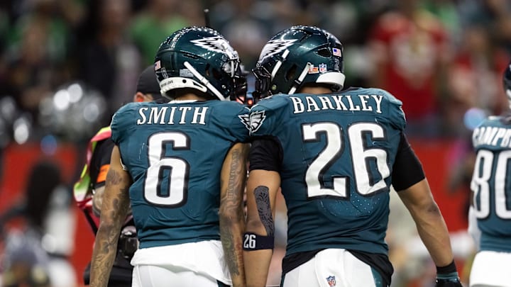 Feb 9, 2025; New Orleans, LA, USA; Philadelphia Eagles wide receiver DeVonta Smith (6) celebrates a touchdown with running back Saquon Barkley (26) against the Kansas City Chiefs during Super Bowl LIX at Ceasars Superdome. Mandatory Credit: Mark J. Rebilas-Imagn Images Feb 9, 2025; New Orleans, LA, USA; Philadelphia Eagles wide receiver DeVonta Smith (6) celebrates a touchdown with running back Saquon Barkley (26) against the Kansas City Chiefs during Super Bowl LIX at Ceasars Superdome. Mandatory Credit: Mark J. Rebilas-Imagn Images