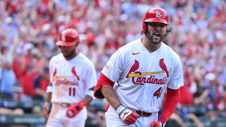 Mar 26, 2026; St. Louis, Missouri, USA; St. Louis Cardinals first baseman Alec Burleson (41) reacts after hitting a go ahead two run home run against the Tampa Bay Rays during the sixth inning at Busch Stadium. Mandatory Credit: Jeff Curry-Imagn Images