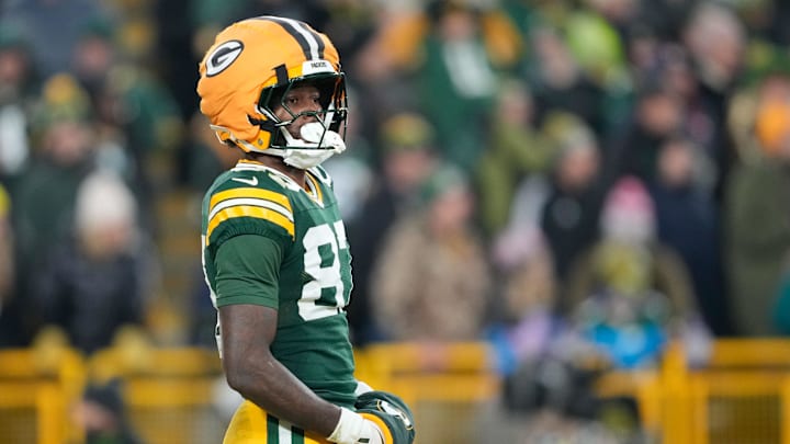 Dec 27, 2025; Green Bay, Wisconsin, USA; Green Bay Packers wide receiver Romeo Doubs (87) looks on during the third quarter against the Baltimore Ravens at Lambeau Field. Mandatory Credit: Kayla Wolf-Imagn Images