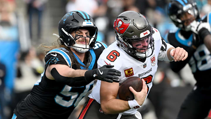 Carolina Panthers linebacker Christian Rozeboom (56) sacks Tampa Bay Buccaneers quarterback Baker Mayfield 