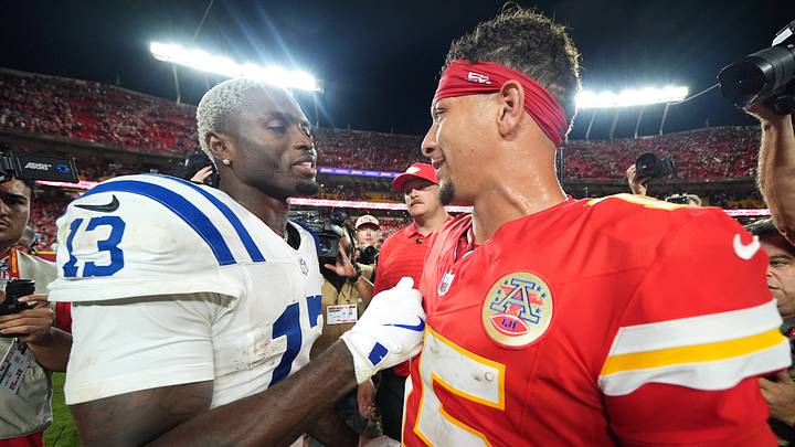 Sep 20, 2026; Kansas City, Missouri, USA; Indianapolis Colts wide receiver Laquon Treadwell (13) speaks with Kansas City Chiefs quarterback Patrick Mahomes (15) after the game at GEHA Field at Arrowhead Stadium. Mandatory Credit: Jay Biggerstaff-Imagn Images Sep 20, 2026; Kansas City, Missouri, USA; Indianapolis Colts wide receiver Laquon Treadwell (13) speaks with Kansas City Chiefs quarterback Patrick Mahomes (15) after the game at GEHA Field at Arrowhead Stadium. Mandatory Credit: Jay Biggerstaff-Imagn Images