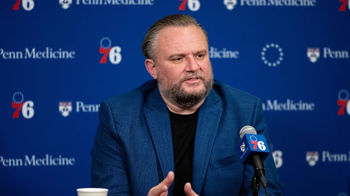 Dec 15, 2023; Philadelphia, Pennsylvania, USA; Philadelphia 76ers resident of Basketball Operations Daryl Morey speaks with the media before a game against the Detroit Pistons at Wells Fargo Center. Mandatory Credit: Bill Streicher-Imagn Images