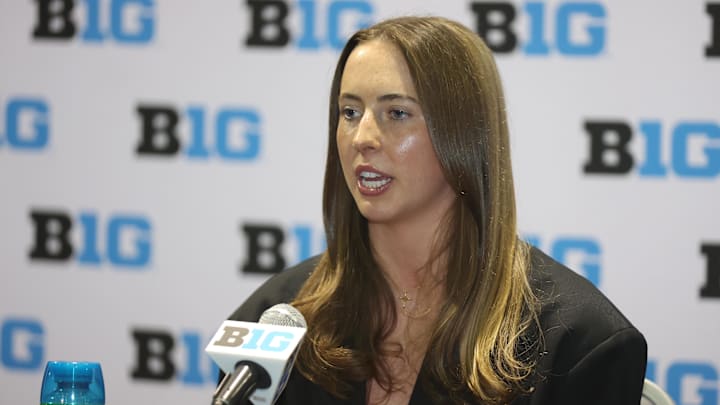 Oct 8, 2025; Rosemont, Illinois, USA; Northwestern’s Grace Sullivan speaks during Big Ten Women’s Basketball Media Days at the Donald E. Stephens Convention Center. Mandatory Credit: Talia Sprague-Imagn Images