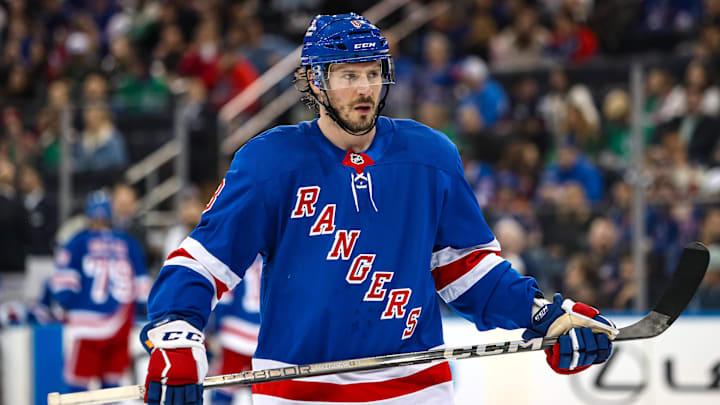 Mar 16, 2025; New York, New York, USA; New York Rangers center J.T. Miller (8) skates against the Edmonton Oilers during the first period at Madison Square Garden. Mandatory Credit: Danny Wild-Imagn Images