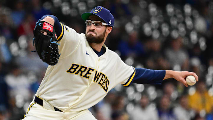 Apr 15, 2026; Milwaukee, Wisconsin, USA; Milwaukee Brewers pitcher Aaron Ashby (26) throws a pitch in the eighth inning against the Toronto Blue Jays at American Family Field. Mandatory Credit: Benny Sieu-Imagn Images