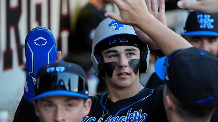 KentuckyÕs Tyler Bell (6) celebrates after scoring a run during a NCAA baseball game against Georgia on March 14, 2025.