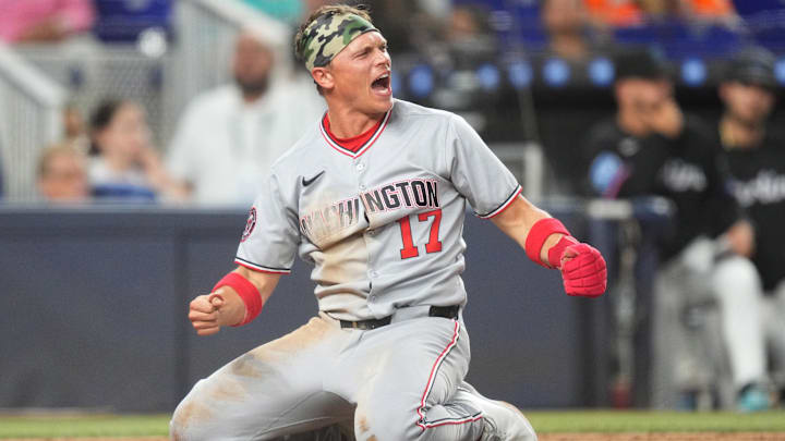 Apr 11, 2025; Miami, Florida, USA; Washington Nationals left fielder Alex Call (17) celebrates scoring a run in the eighth inning against the Miami Marlins at loanDepot Park