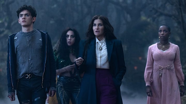(L-R): Teen (Joe Locke), Rio Vidal (Aubrey Plaza), Agatha Harkness (Kathryn Hahn) and Jennifer Kale (Sasheer Zamata) in Marvel Television's AGATHA ALL ALONG, exclusively on Disney+. Photo by Chuck Zlotnick. © 2024 MARVEL.