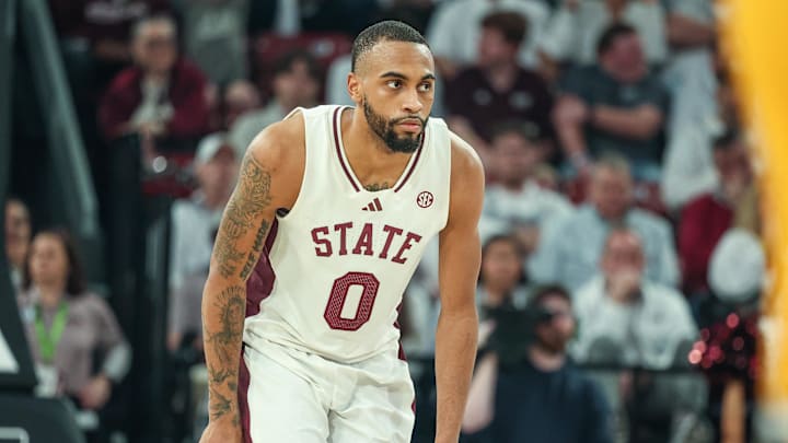 Feb 1, 2025; Starkville, Mississippi, USA; Mississippi State Bulldogs guard Claudell Harris Jr. (0) defends against the Missouri Tigers during the second half at Humphrey Coliseum. Mandatory Credit: Wesley Hale-Imagn Images