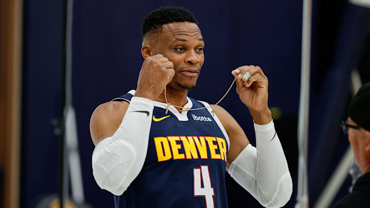 Denver Nuggets guard Russell Westbrook (4) during Denver Nuggets Media Day. Mandatory Credit: Isaiah J. Downing-Imagn Images Denver Nuggets guard Russell Westbrook (4) during Denver Nuggets Media Day. Mandatory Credit: Isaiah J. Downing-Imagn Images