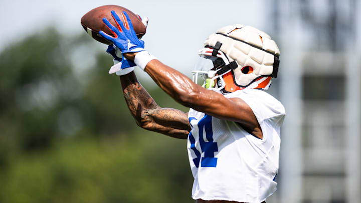 Florida Gators wide receiver Andy Jean (14) makes a catch during fall football practice at Heavener Football Complex at the University of Florida in Gainesville, FL on Wednesday, July 31, 2024. [Matt Pendleton/Gainesville Sun]