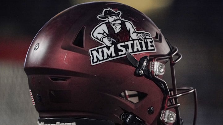 Nov 19, 2022; Columbia, Missouri, USA; A general view a New Mexico State Aggies helmet against the Missouri Tigers during the first half at Faurot Field at Memorial Stadium. 