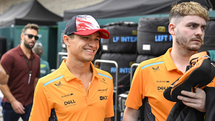 Oct 18, 2024; Austin, Texas, USA; McLaren Formula 1 Team driver Lando Norris (4) of Team Great Britain walks through the paddock area before practice for the 2024 US Grand Prix at Circuit of the Americas. Mandatory Credit: Jerome Miron-Imagn Images