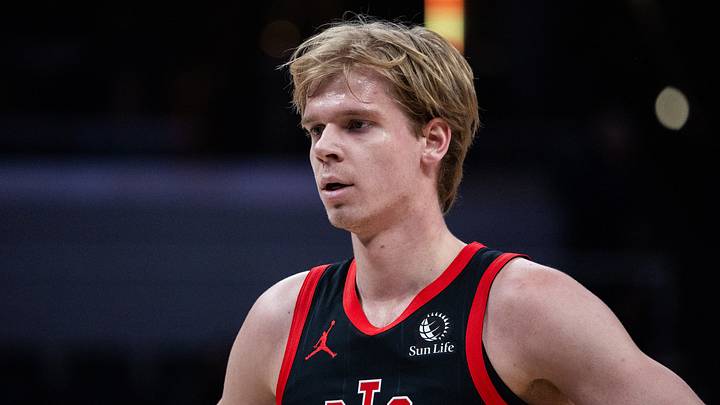 Jan 14, 2026; Indianapolis, Indiana, USA;Toronto Raptors guard/forward Gradey Dick (1) in the first half against the Indiana Pacers at Gainbridge Fieldhouse. Mandatory Credit: Trevor Ruszkowski-Imagn Images