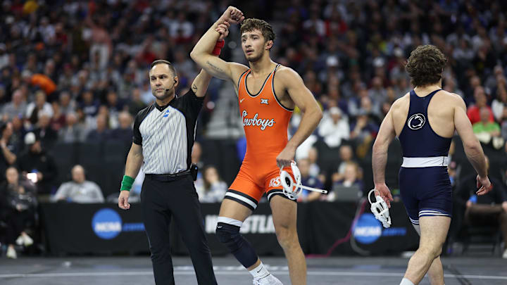 Mar 21, 2025; Philadelphia, PA, USA; Dean Hamiti of Oklahoma State defeats Levi Haines of Penn State during the semifinals of the NCAA Wrestling Championships at Wells Fargo Center. Mandatory Credit: Bill Streicher-Imagn Images Mar 21, 2025; Philadelphia, PA, USA; Dean Hamiti of Oklahoma State defeats Levi Haines of Penn State during the semifinals of the NCAA Wrestling Championships at Wells Fargo Center. Mandatory Credit: Bill Streicher-Imagn Images