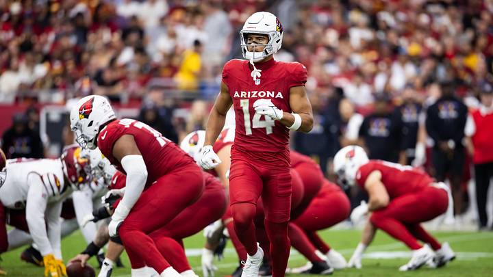 Sep 29, 2024; Glendale, Arizona, USA; Arizona Cardinals wide receiver Michael Wilson (14) against the Washington Commanders at State Farm Stadium. Mandatory Credit: Mark J. Rebilas-Imagn Images Sep 29, 2024; Glendale, Arizona, USA; Arizona Cardinals wide receiver Michael Wilson (14) against the Washington Commanders at State Farm Stadium. Mandatory Credit: Mark J. Rebilas-Imagn Images