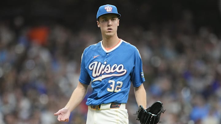 May 8, 2026; Milwaukee, Wisconsin, USA;  Milwaukee Brewers pitcher Jacob Misiorowski (32) reacts after being called for a balk during the third inning against the New York Yankees at American Family Field. Mandatory Credit: Jeff Hanisch-Imagn Images