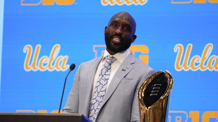Jul 24, 2025; Las Vegas, NV, USA; UCLA head coach DeShaun Foster speaks to the media during the Big Ten NCAA college football media days at Mandalay Bay Resort. Mandatory Credit: Lucas Peltier-Imagn Images