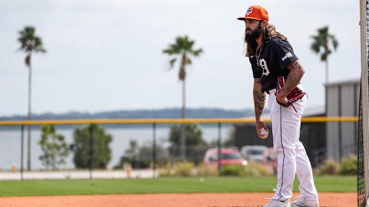 Detroit Tigers pitcher Tyler Owens throws during spring training at TigerTown in Lakeland, Fla. on Wednesday, Feb. 19, 2025.