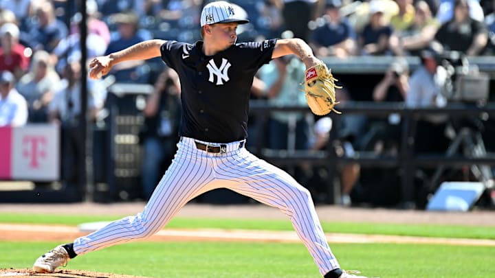 New York Yankees starting pitcher Will Warren (98) throws a pitch in the first inning against the St. Louis Cardinals during spring training at George M. Steinbrenner Field in Tampa, Fla., on Feb 26.