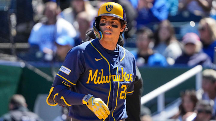 Apr 5, 2026; Kansas City, Missouri, USA; Milwaukee Brewers designated hitter Christian Yelich (22) reacts after striking out against the Kansas City Royals during the third inning at Kauffman Stadium. Mandatory Credit: Denny Medley-Imagn Images Apr 5, 2026; Kansas City, Missouri, USA; Milwaukee Brewers designated hitter Christian Yelich (22) reacts after striking out against the Kansas City Royals during the third inning at Kauffman Stadium. Mandatory Credit: Denny Medley-Imagn Images