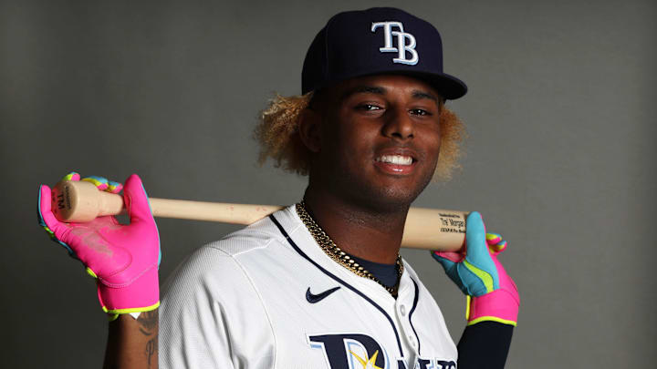 Port Charlotte, FL, USA; Tampa Bay Rays infielder Tre Morgan (92) poses for a photo during media day. Port Charlotte, FL, USA; Tampa Bay Rays infielder Tre Morgan (92) poses for a photo during media day.