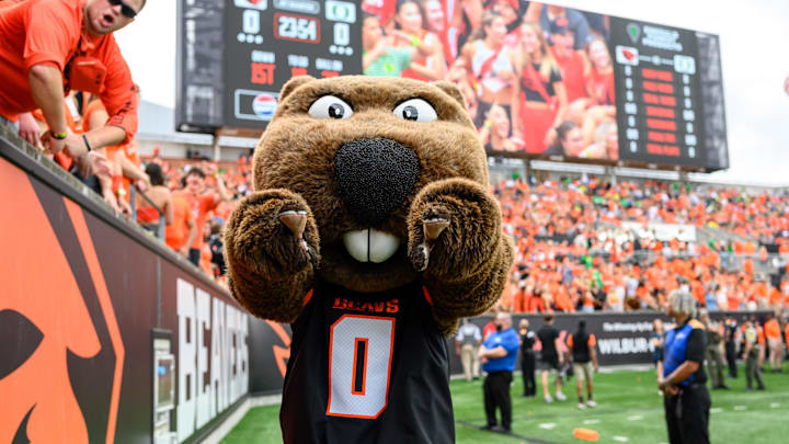 Sep 14, 2024; Corvallis, Oregon, USA; Oregon State Beavers mascot Benny Beaver during pregame against the Oregon Ducks at Reser Stadium. Mandatory Credit: Craig Strobeck-Imagn Images