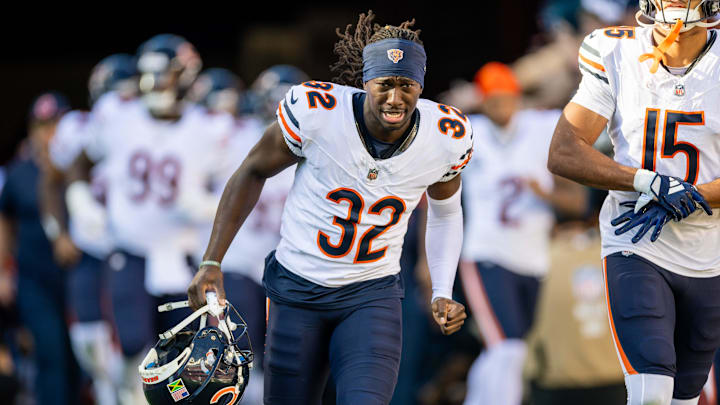 Dec 8, 2024; Santa Clara, California, USA; Chicago Bears cornerback Terell Smith (32) runs onto the field before the game against the San Francisco 49ers at Levi's Stadium. Mandatory Credit: Bob Kupbens-Imagn Images