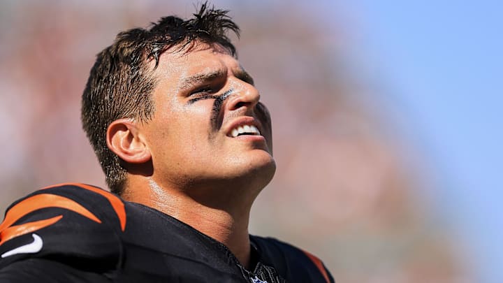 Oct 6, 2024; Cincinnati, Ohio, USA; Cincinnati Bengals defensive end Trey Hendrickson (91) stands on the sidelines during the first half against the Baltimore Ravens at Paycor Stadium. Mandatory Credit: Katie Stratman-Imagn Images