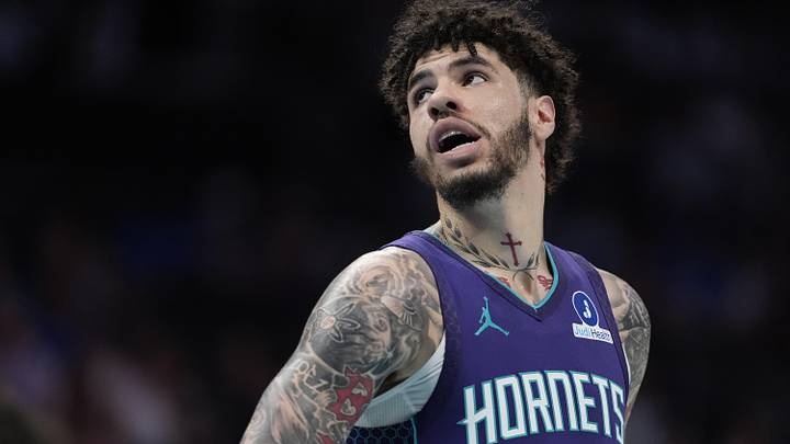Apr 3, 2026; Charlotte, North Carolina, USA; Charlotte Hornets guard LaMelo Ball (1) during the first quarter against the Indiana Pacers at Spectrum Center. 