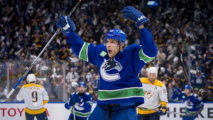 Apr 21, 2024; Vancouver, British Columbia, CAN; Vancouver Canucks forward Dakota Joshua (81) celebrates scoring the game winning goal against the Nashville Predators in the third period in game one of the first round of the 2024 Stanley Cup Playoffs at Rogers Arena. Mandatory Credit: Bob Frid-Imagn Images