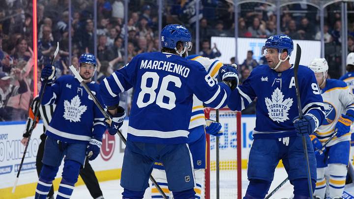 Oct 15, 2026; Toronto, Ontario, CAN; Toronto Maple Leafs right wing Kirill Marchenko (86) scores a goal and celebrates with center John Tavares (91) against the Buffalo Sabres during the first period at Scotiabank Arena. Mandatory Credit: Nick Turchiaro-Imagn Images Oct 15, 2026; Toronto, Ontario, CAN; Toronto Maple Leafs right wing Kirill Marchenko (86) scores a goal and celebrates with center John Tavares (91) against the Buffalo Sabres during the first period at Scotiabank Arena. Mandatory Credit: Nick Turchiaro-Imagn Images
