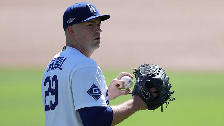 Oct 3, 2026; Los Angeles, California, USA;  Los Angeles Dodgers pitcher Tarik Skubal (29) warms up before game one of the NLDS against the Atlanta Braves for the 2026 MLB Playoffs at Uniqlo Field at Dodger Stadium.  Mandatory Credit: Kiyoshi Mio-Imagn Images