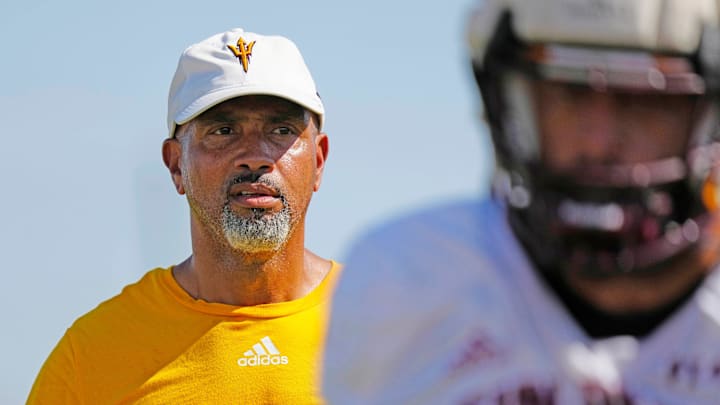 August 15, 2024; Tempe, Ariz., U.S.; ASU defensive line coach Diron Reynolds instructs his players in a drill during an ASU practice on Aug. 16, 2024, in Tempe.