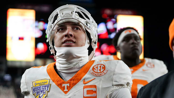 Tennessee quarterback Joey Aguilar (6) looks towards the stands as he walks off the field after the loss to Illinois in the Music City Bowl NCAA college football game on Dec. 30, 2025, in Nashville, Tennessee. Tennessee quarterback Joey Aguilar (6) looks towards the stands as he walks off the field after the loss to Illinois in the Music City Bowl NCAA college football game on Dec. 30, 2025, in Nashville, Tennessee.
