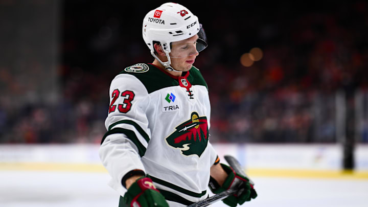 Oct 26, 2024; Philadelphia, Pennsylvania, USA; Minnesota Wild center Marco Rossi (23) looks on against the Philadelphia Flyers in the first period at Wells Fargo Center. 