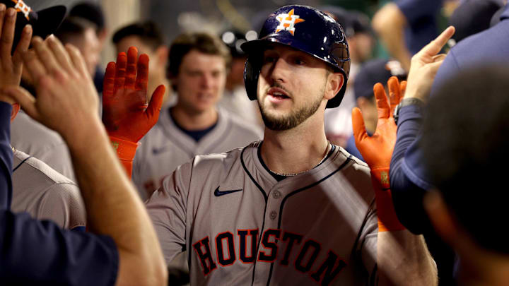 Sep 14, 2024; Anaheim, California, USA; Houston Astros outfielder Kyle Tucker (30) celebrates with teammates after hitting a home run during the 9th inning against the Los Angeles Angels at Angel Stadium. Mandatory Credit: Jason Parkhurst-Imagn Images