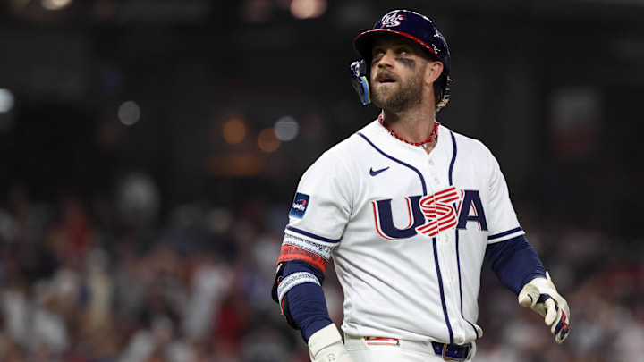 Mar 7, 2026; Houston, TX, United States; United States first baseman Bryce Harper (24) reacts after a flyout against Great Britain during the second inning at Daikin Park. Mandatory Credit: Troy Taormina-Imagn Images