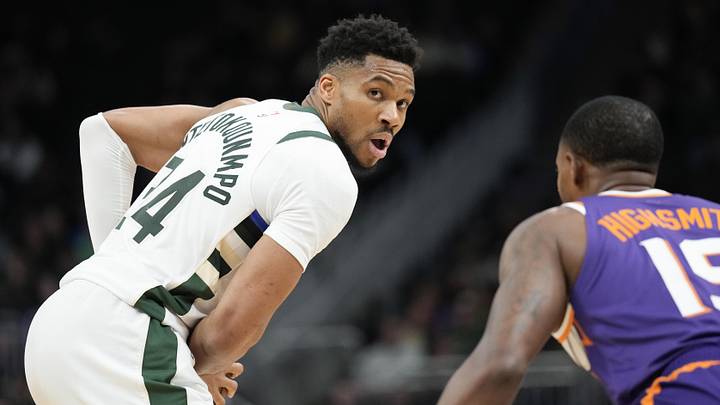 Mar 10, 2026; Milwaukee, Wisconsin, USA;  Milwaukee Bucks forward Giannis Antetokounmpo (34) during the game against the Phoenix Suns at Fiserv Forum. Mandatory Credit: Jeff Hanisch-Imagn Images
