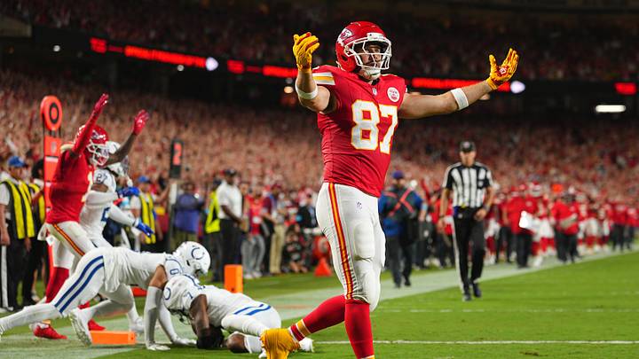 Sep 20, 2026; Kansas City, Missouri, USA; Kansas City Chiefs tight end Travis Kelce (87) celebrates after scoring a touchdown against the Indianapolis Colts during the first quarter at GEHA Field at Arrowhead Stadium. Mandatory Credit: Jay Biggerstaff-Imagn Images Sep 20, 2026; Kansas City, Missouri, USA; Kansas City Chiefs tight end Travis Kelce (87) celebrates after scoring a touchdown against the Indianapolis Colts during the first quarter at GEHA Field at Arrowhead Stadium. Mandatory Credit: Jay Biggerstaff-Imagn Images
