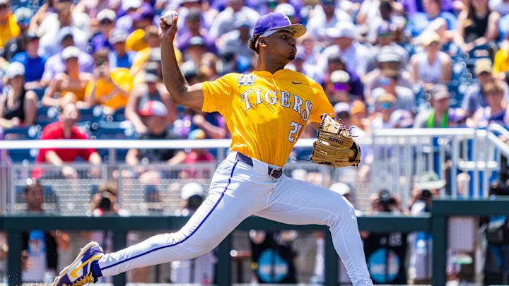 Jun 22, 2025; Omaha, Neb, USA; LSU Tigers starting pitcher Anthony Eyanson (24) pitches against the Coastal Carolina Chanticleers during the first inning at Charles Schwab Field. Mandatory Credit: Dylan Widger-Imagn Images