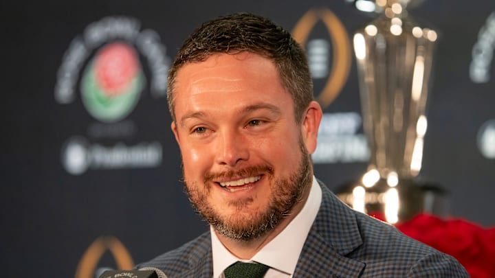 Oregon head coach Dan Lanning speaks during the coaches press conference in Los Angeles Tuesday, Dec. 31, 2024, ahead of the Rose Bowl.